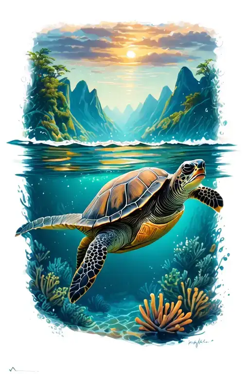 Turtle Swimming With Smile And Below Sea And Mountains Are Above The Sea Farway
