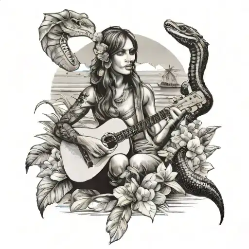 Island Girl Playing A Ukulele To A King Cobra Snake At The Beach With Flowers