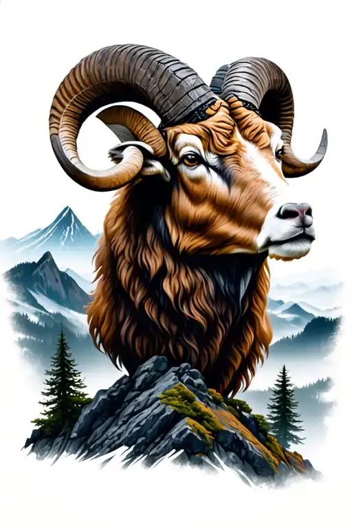 A Horned Ram On Top Of A Mountain With Night Forest Background
