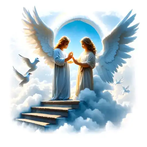 Baby Angel Staircase In The Clouds Gate To Heaven And Doves