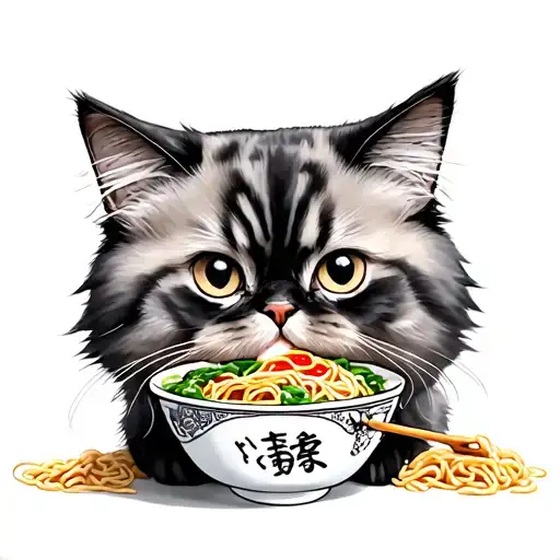 Black Grey Persian Cat Eating Ramen