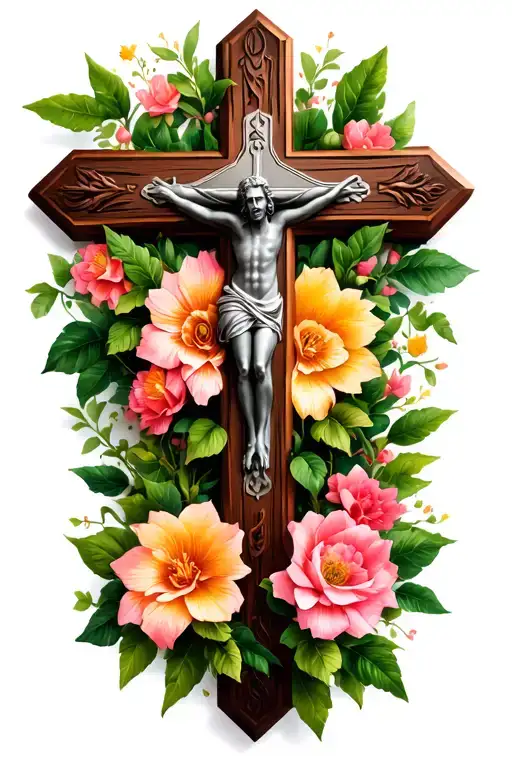A Christian Cross Surrounded By Flowers And Vines