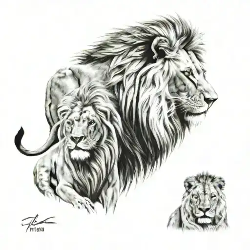 Lion And Lioness With Cub