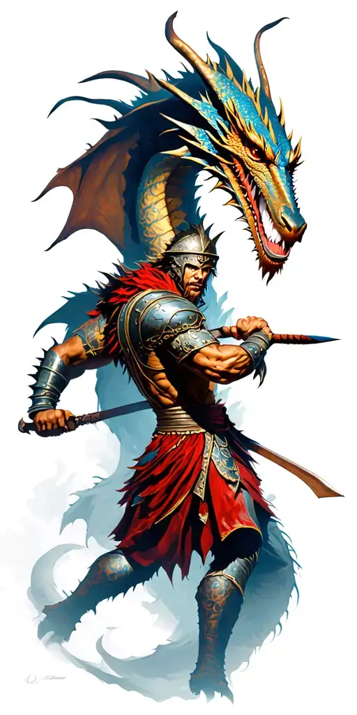 Spartan Warrior Battling A Dragon