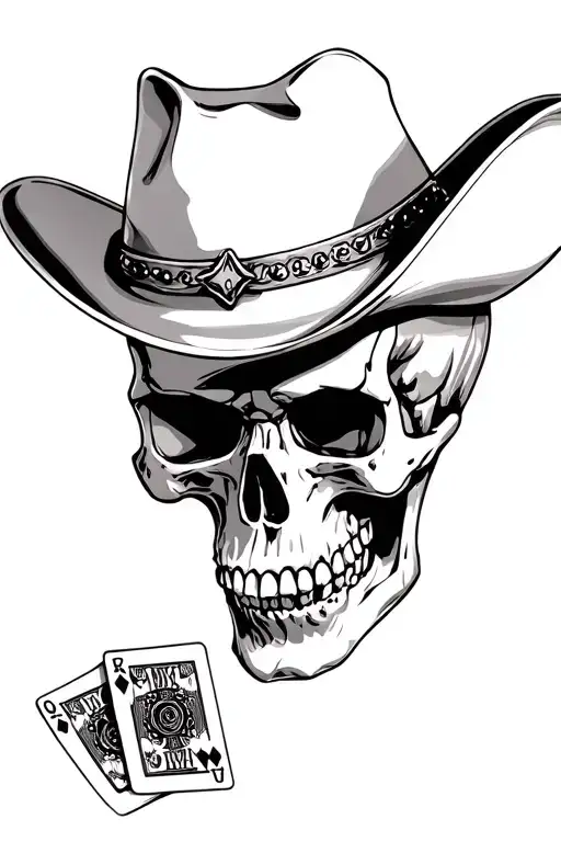Skull That Has A Western Hat And Has 3 Gaming Cards Somewhere