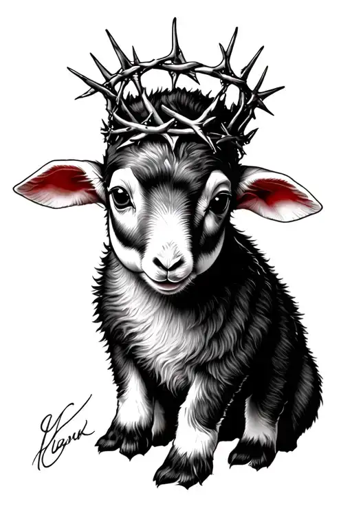 A Detailed Blackwork Tattoo Of A Baby Lamb Wearing A Crown Of Thorns