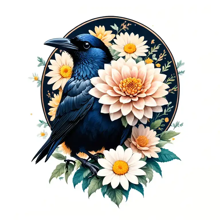 Crow With Dahlia And Daisy Flower Surrounded