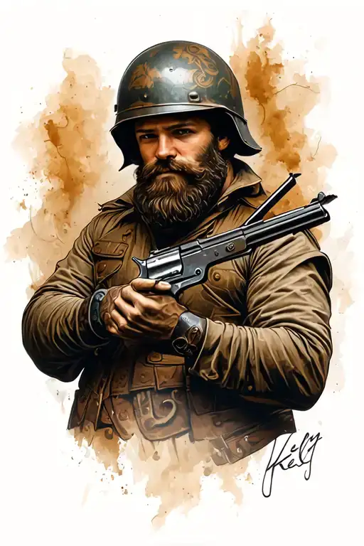 Ned Kelly With His Helmet On Holding A Gun