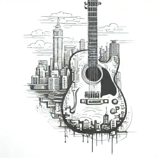 A Realistic Guitar With A City Skyline In The Background