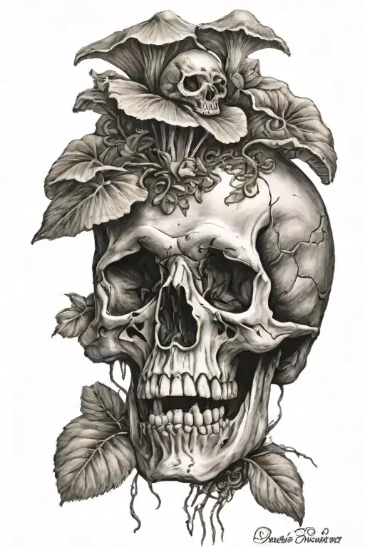 Bird Scull With Mushrooms