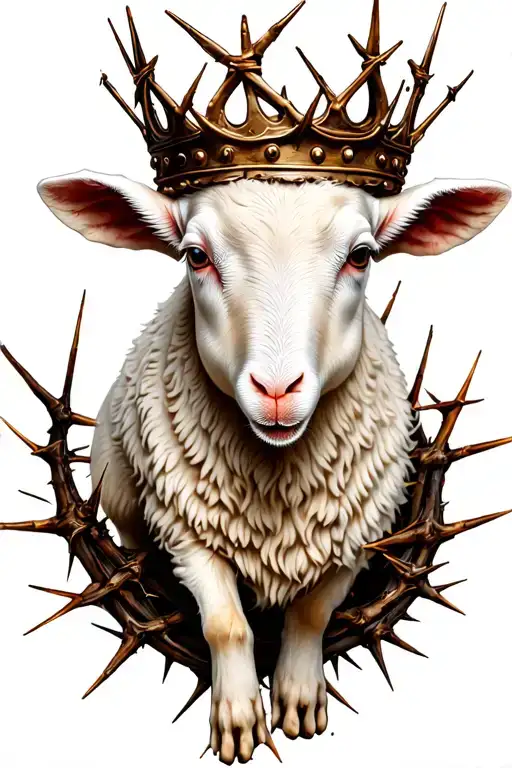 Lamb Standing On Back Legs With Crown Made Of Thorns No Legs And A Bed Of Thorns Under