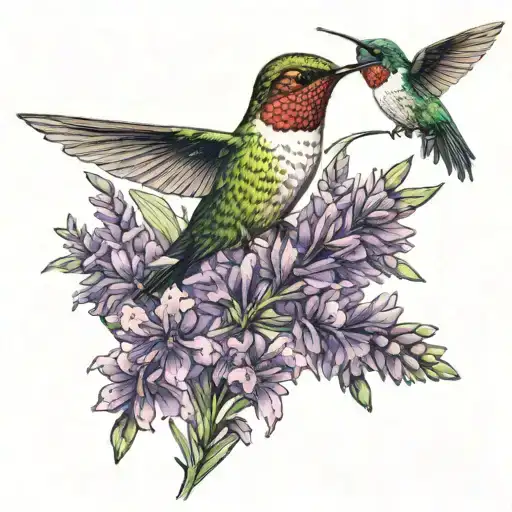 Bunch Of Lavender With A Hummingbird Hovering