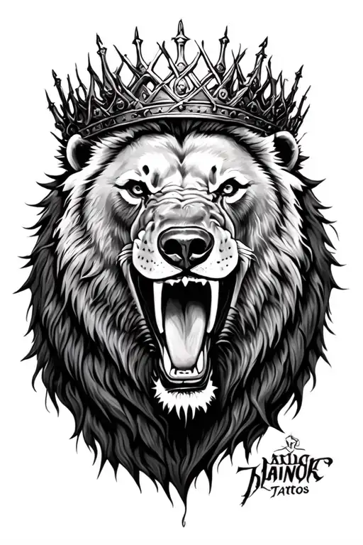 Bear With Crown Made Of Thorns And Roaring Lion