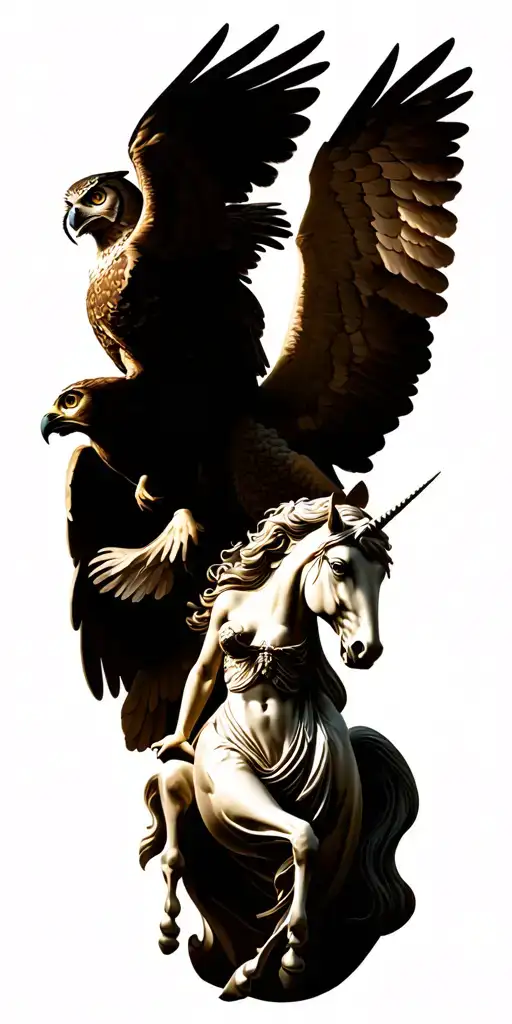 Eagle Owl Flying Above A Renaissance Angel Statue With A Mermaid Beneath Next To A Galloping Unicorn