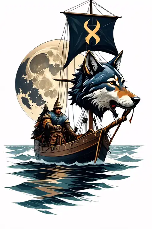 A Viking Warrior Runes Ship Sailing A Wolf And Moon