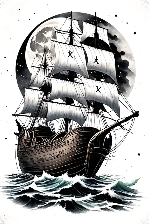 A Viking Warrior Runes Ship Sailing A Wolf And Moon In Realism Style