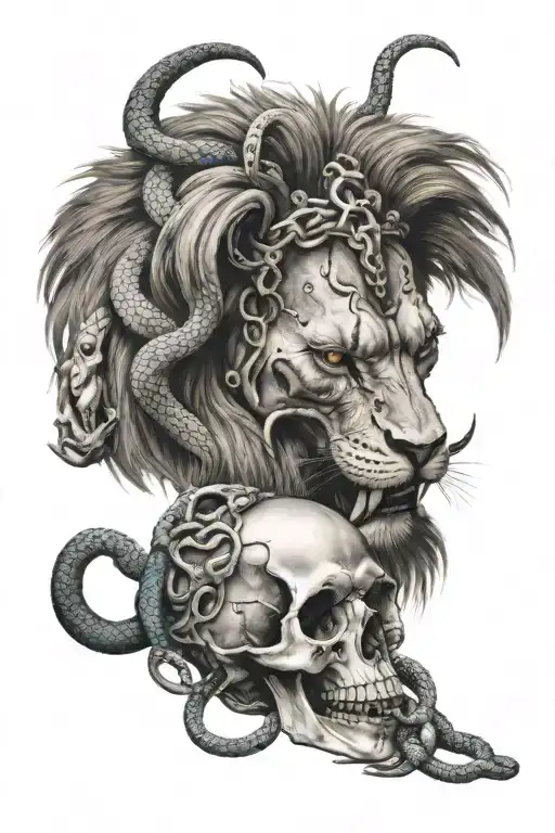 Lion Chewing On Human Skull With Snakes Wrapped