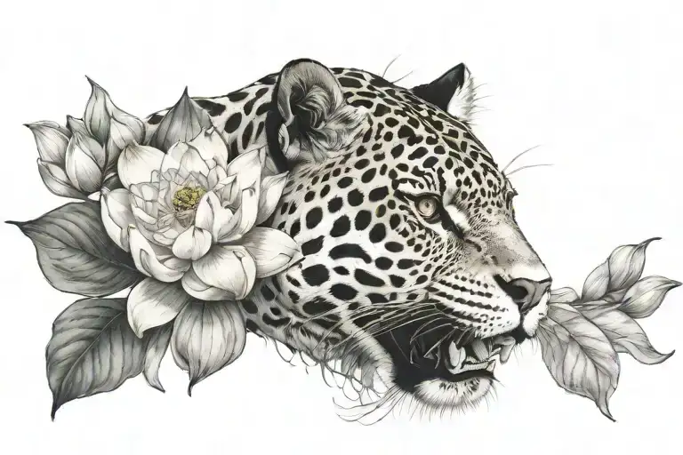 Jaguar Growling Next To Lotus Flower Blooming