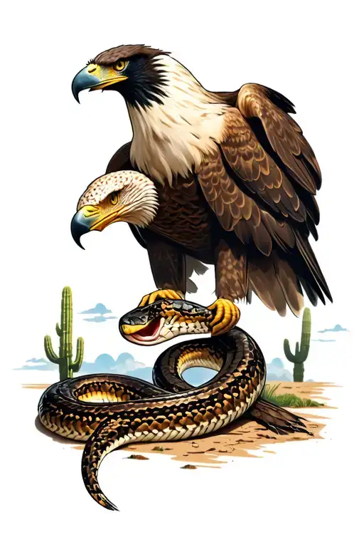 Mexican Eagle Eating Snake With Cactus In The Background And Cloudy Skies