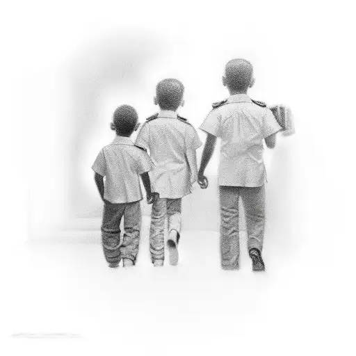 A Man Walking Towards The Gates Of Heaven With 2 Boys Watching Him Walk Away