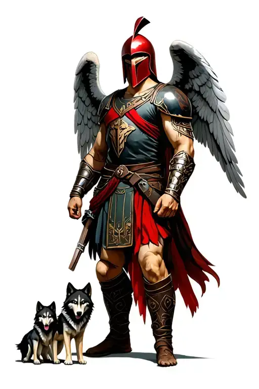 A Spartan With Red Helmet And Angel Standing Behind Him On The Left With 2 Wolf Pups Next To Her