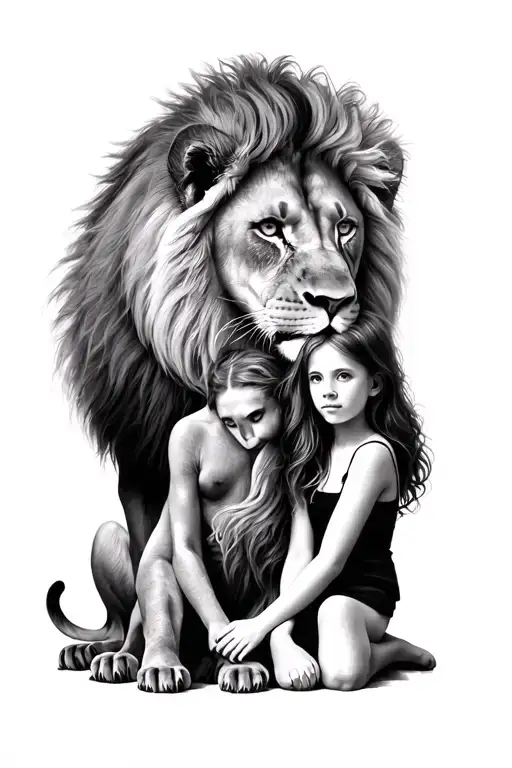 Lion Sit With A Girl Near The Lion