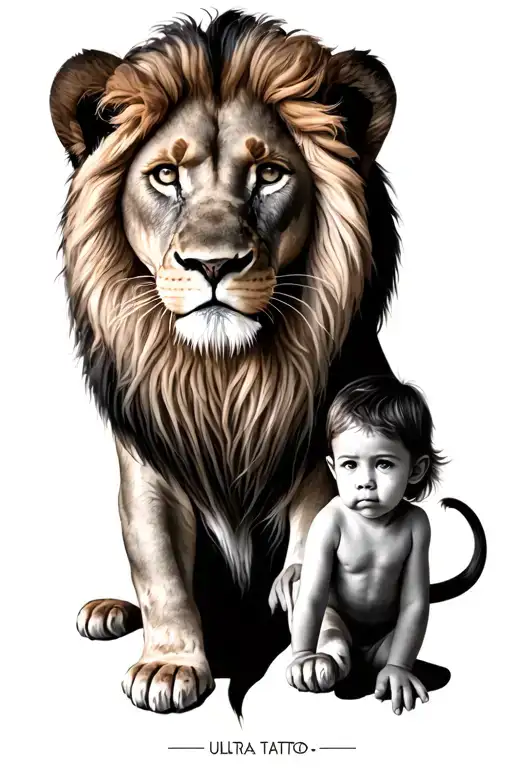 A Lion Sitting Next To A Child