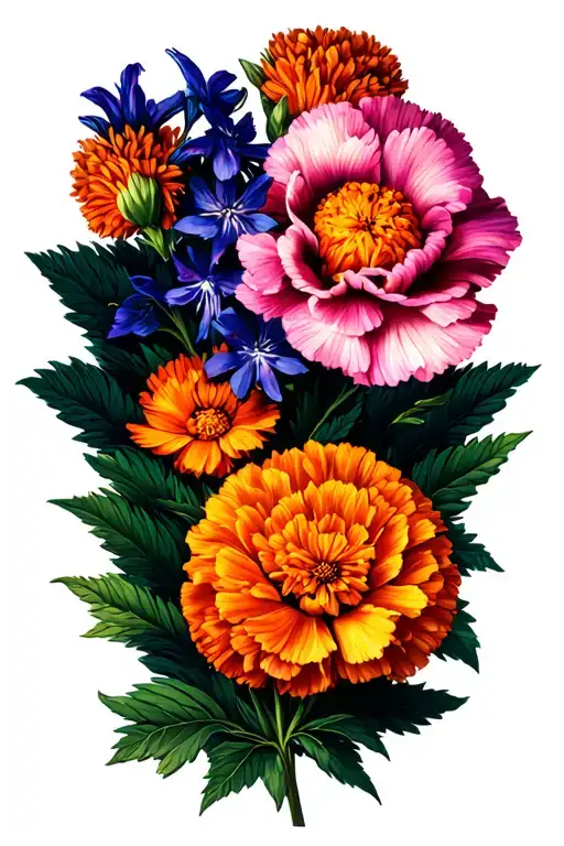 Carnation And Marigold And Larkspur Flower