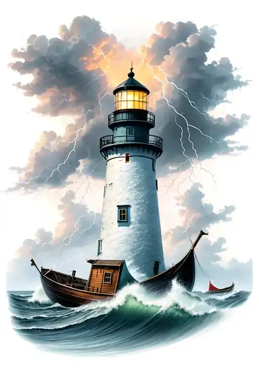 Lighthouse In A Thunderstorm Waves Crashing And A Boat Capsized
