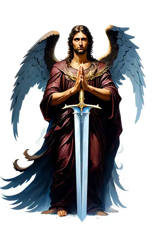 The Archangel With Wings Holds The Sword And Behind The Sword Stands And Prays