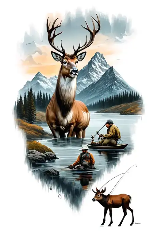 A Deer And A Fisherman In Mountains Panorama