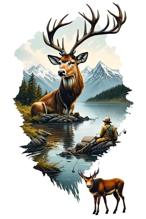 A Deer And A Fisherman In Mountains Panorama