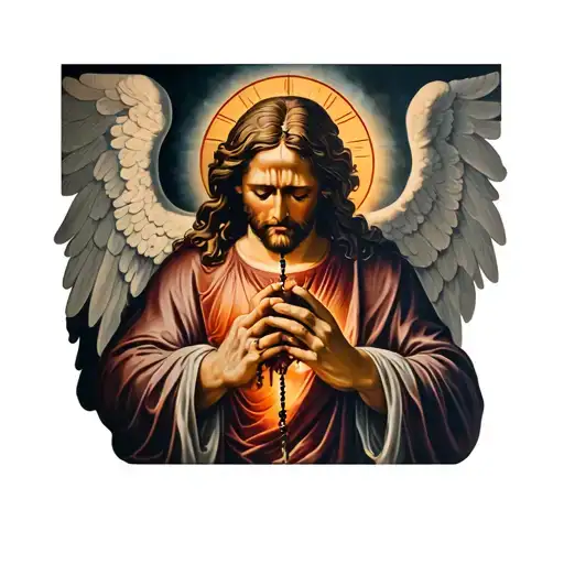 Crying Angel With Praying Hands Holding A Rosary And Saint Micheal Slaying Demons In Hell