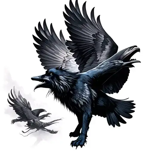 Wolf Howling And Swooping Raven Flying