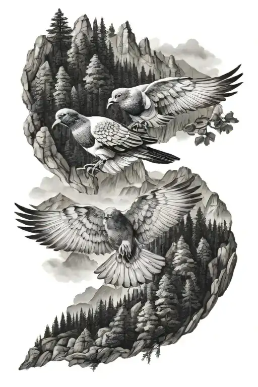 Pigeon Pair Flying Above Mountains Filled With Trees