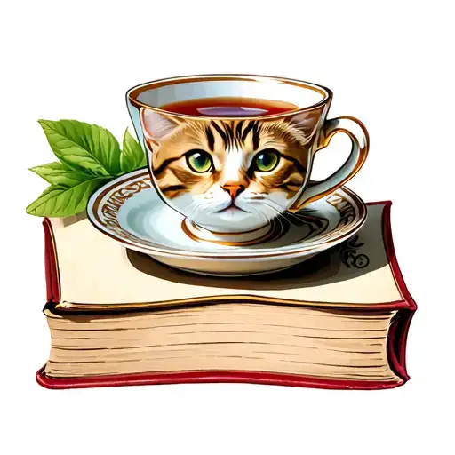 Tea Cup Sitting On A Book With A Cat