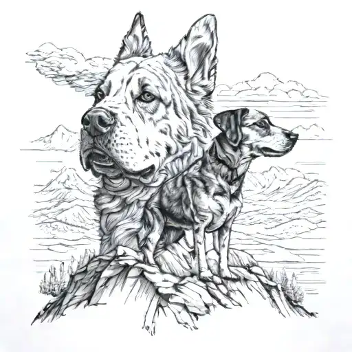 Dog And Man In Front Of Mountain Range