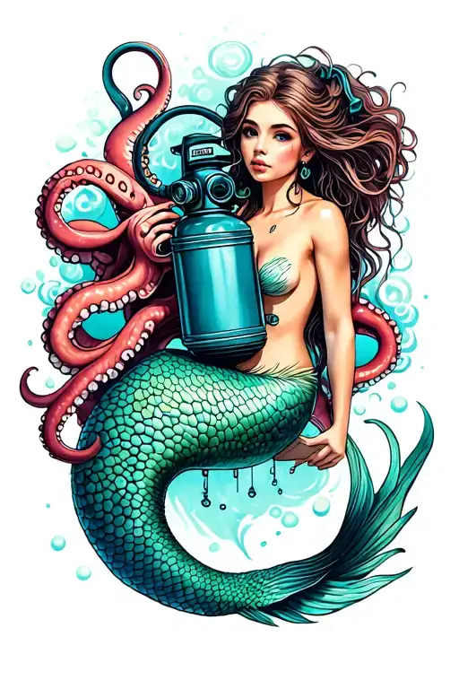Mermaid And Octopus Holding Scuba Tank Designed