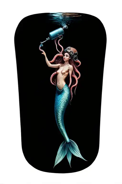 Octopus Holding Scuba Tank Letting Air Out With Topless Mermaid Above