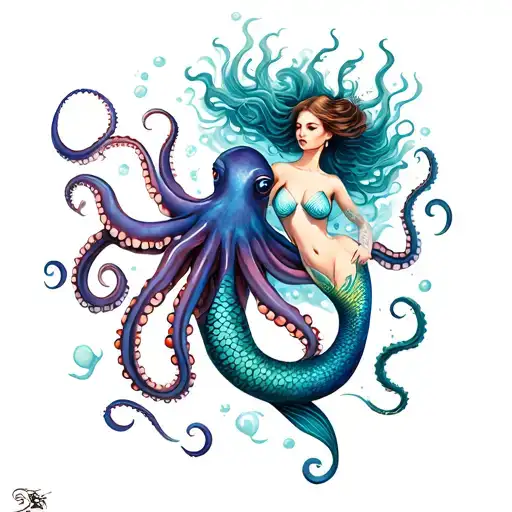 Octopus And Mermaid Swimming