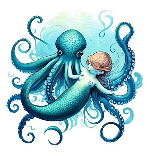 Octopus And Mermaid Swimming