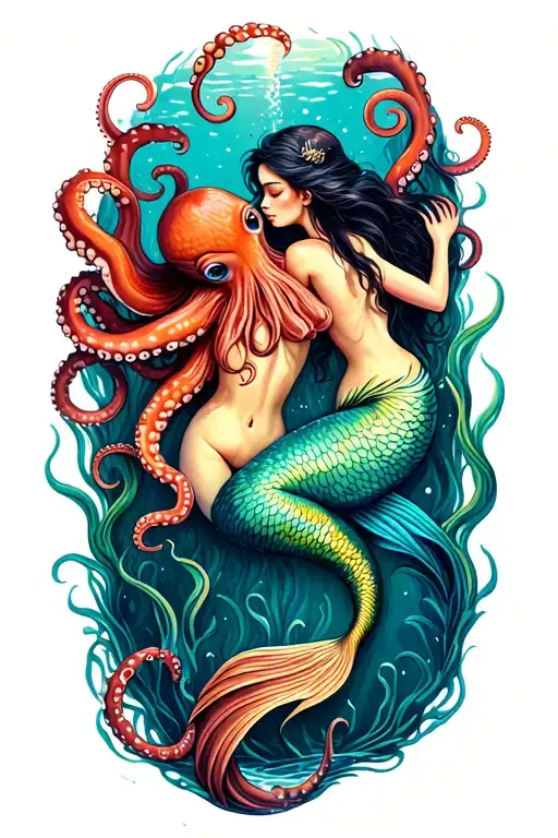 Octopus And Mermaid Swimming