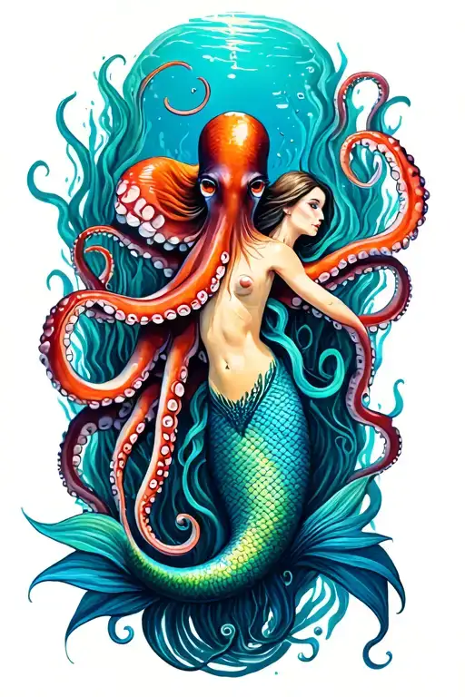 Octopus And Mermaid Swimming