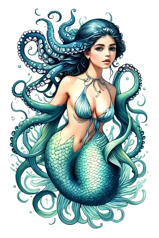 Octopus And Mermaid Swimming