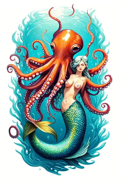 Octopus And Mermaid Swimming