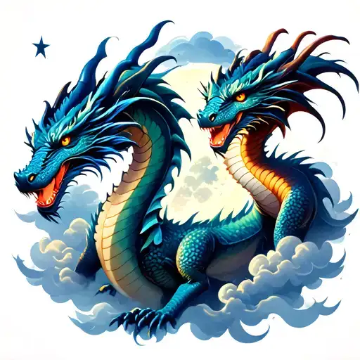 Two Dragons In The Moonlight With Clouds And Stars