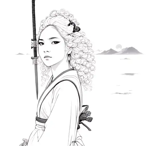 A Samurai Woman With Curly Hair Posing In Front Of A Sunset