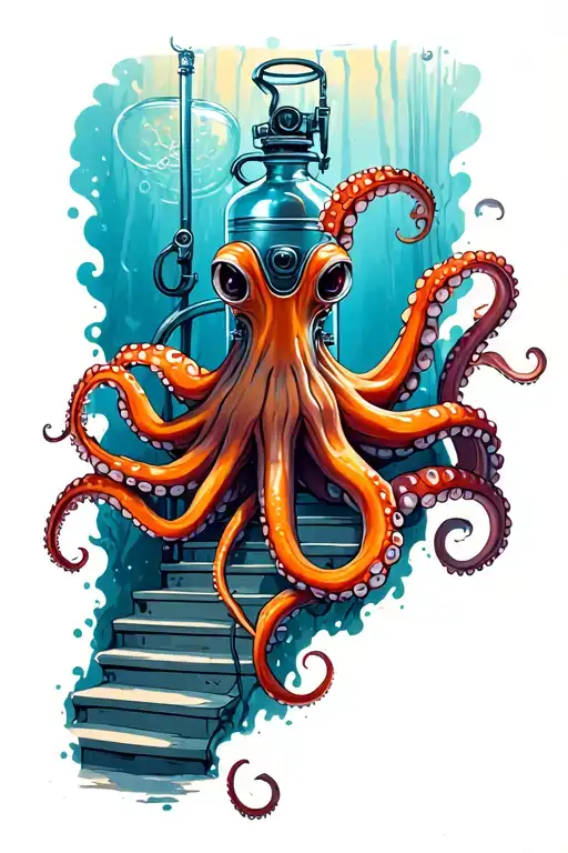 Octopus Wrapped Around Scuba Tank Going Up Stairway