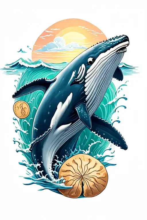 Humpback Whale With Sand Dollars And Water Waves