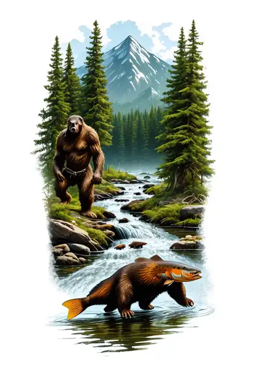 Mountain Forest With Hiding Bigfoot With A Stream Flowing To A Beaver Pond With Trout Jumping